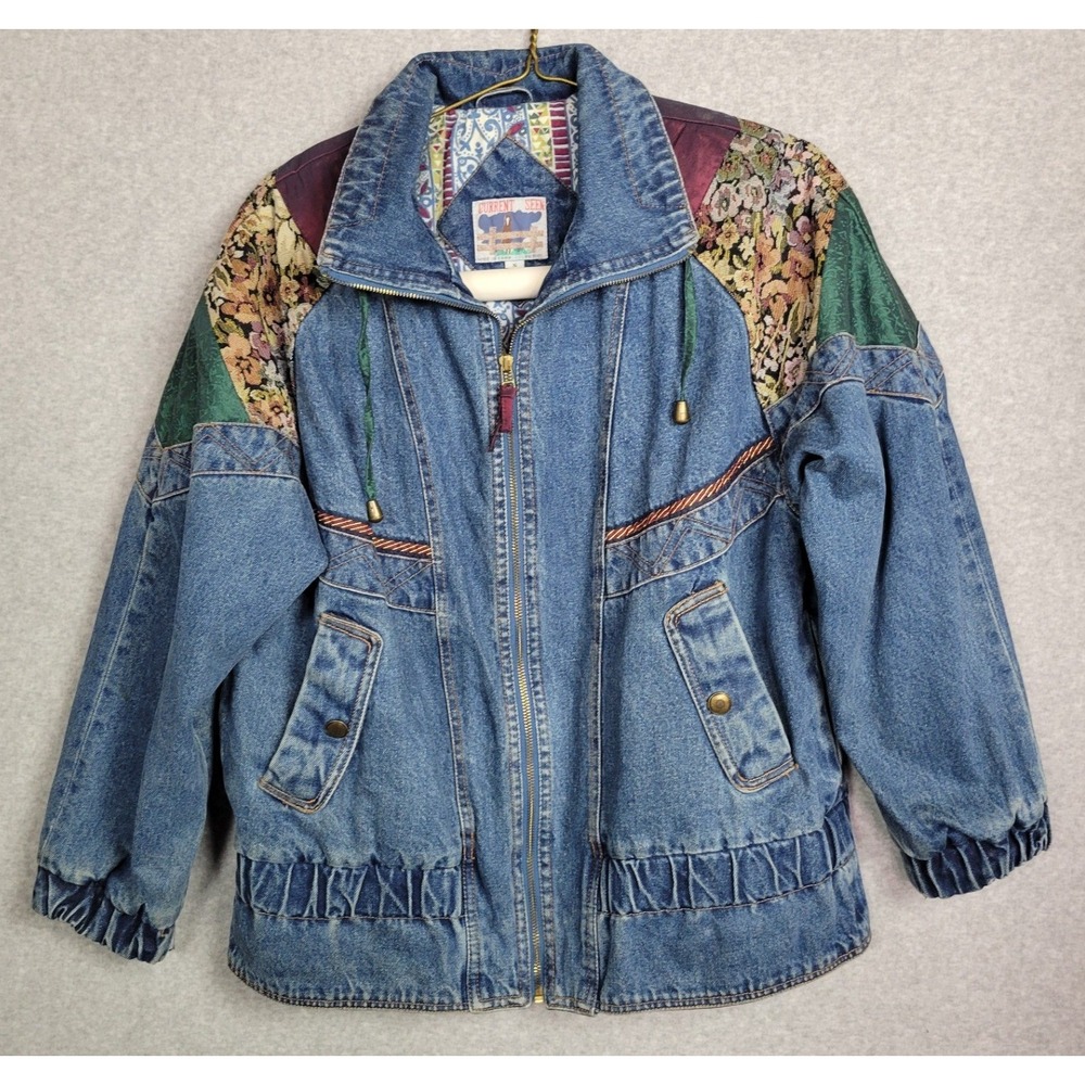 Current Seen Vintage 80s 90s Denim‎ Jacket Floral Tapestry Mixed Media Bomber S